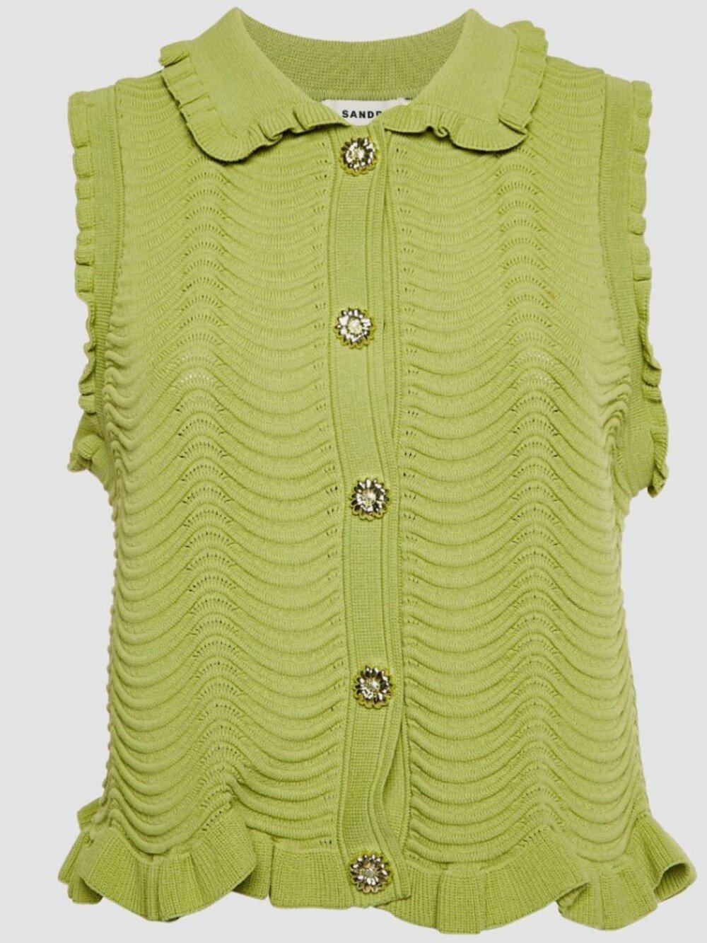Sandro Green Textured Knit Frilled Sleeveless